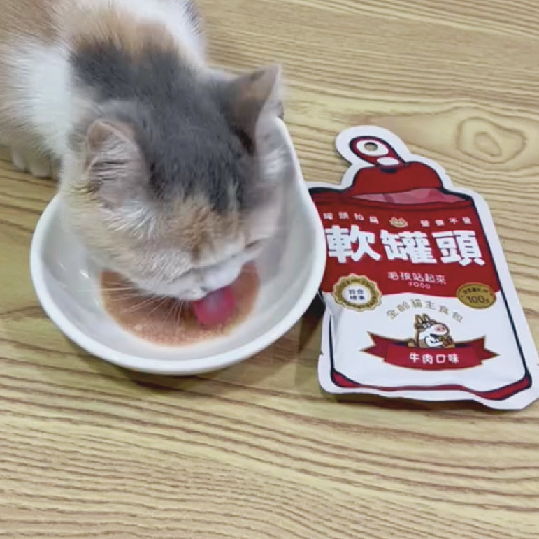 貓咪在白色食碗進食，旁邊擺著紅色軟罐頭餐包。