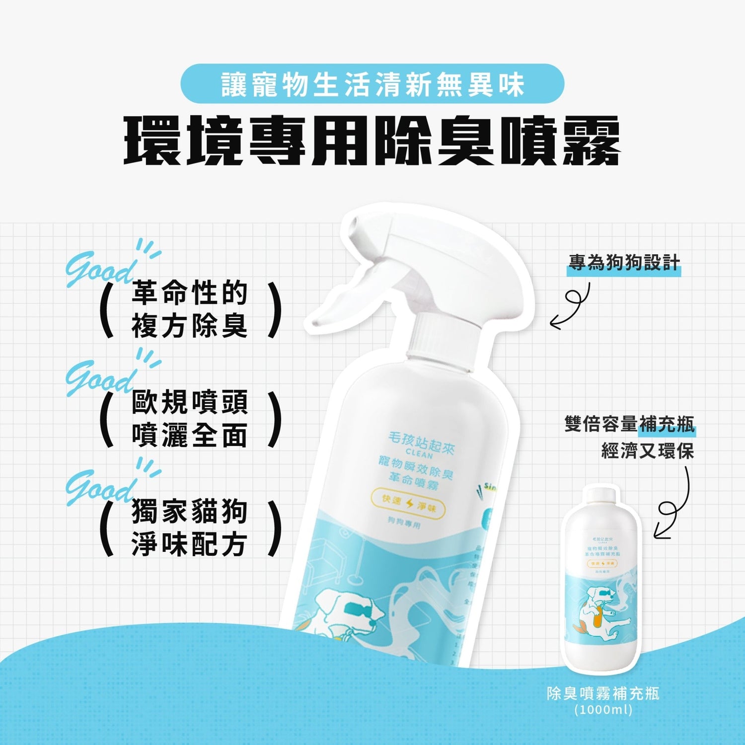 毛孩居家清潔組（居家清潔液+洗毛精+除臭噴霧+濕紙巾） - 毛孩站起來